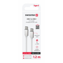 Кабел за зареждане и пренос на данни Swissten Textile USB-C / USB-C 1,2 m сребърен stříbrná