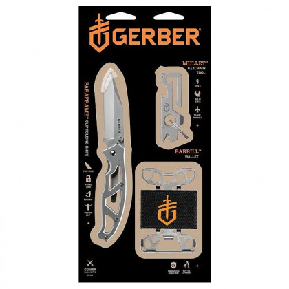 Подаръчен комплект Gerber Paraframe I + Multi-tool Mullet + Peněženka Barbill сребърен