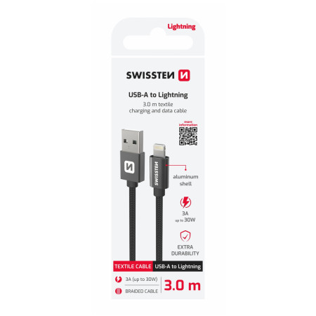 Кабел за зареждане и пренос на данни Swissten Textile USB / Lightning 3 m черен černá