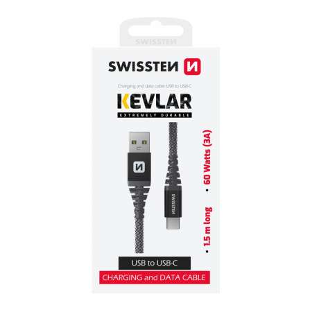 Кабел за зареждане и пренос на данни Swissten Kevlar USB/USB-C 1,5 m