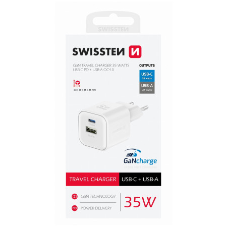 Зарядно устройство Swissten TRAVEL CHARGER GaN 1x USB-C 35W PD + 1x USB-A 27W QC