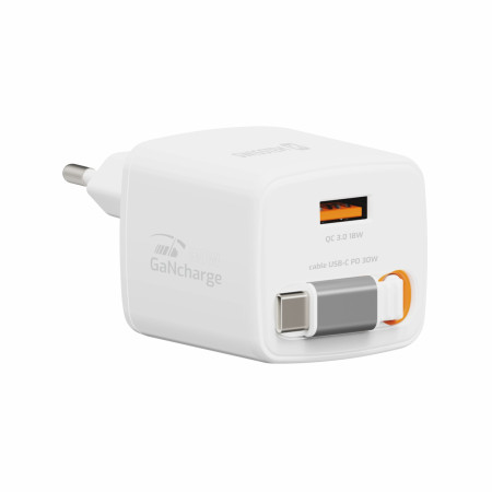 Адаптор Swissten SlideCharge Gan 30W, 1X USB-A 18W бял bílá