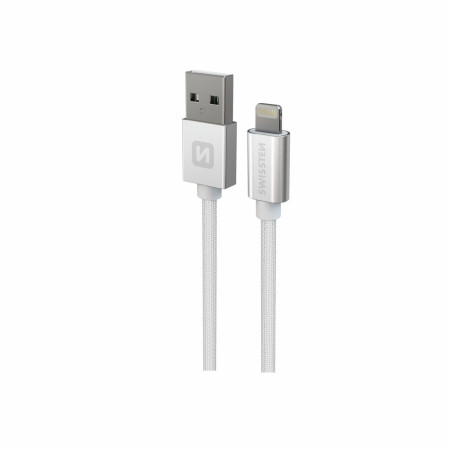 Кабел за зареждане и пренос на данни Swissten Textile USB / Lightning 1,2 m сребърен stříbrná