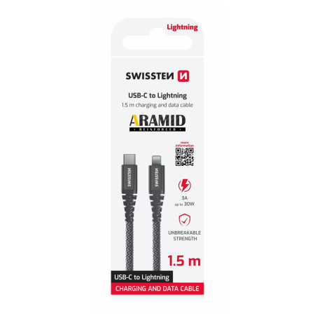 Кабел за зареждане и пренос на данни Swissten Aramid Reinforced USB-C/Lightning 1,5 m