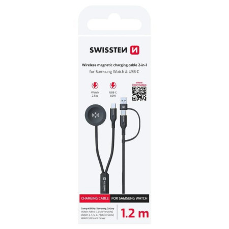 Кабел за зареждане и пренос на данни Swissten Wireless magnetic charging cable 2in1 for Samsung Watch + USB-C 1,2 m