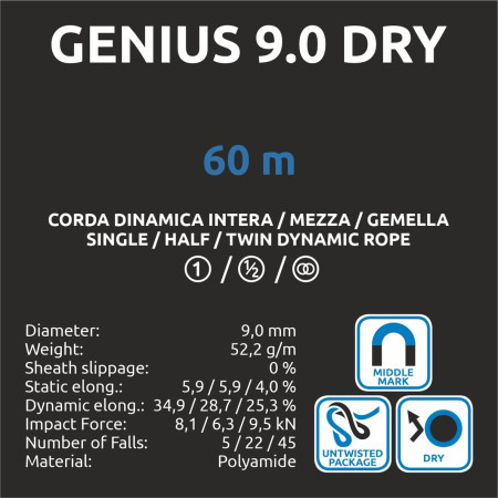 Въже за алпинизъм Camp Genius 9.0 Dry - 60m