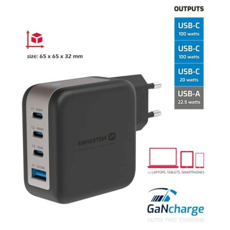 Адаптор Swissten GaN Travel Charger 100W 3X USB-C PD + USB-A