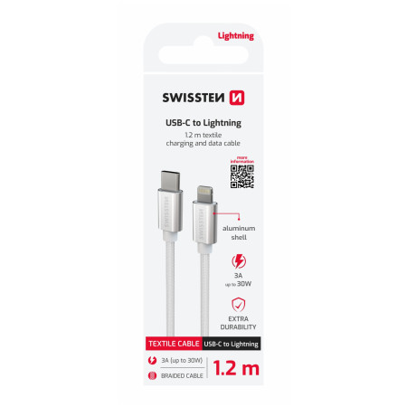 Кабел за зареждане и пренос на данни Swissten Textile USB-C / Lightning 1,2 m сребърен stříbrná