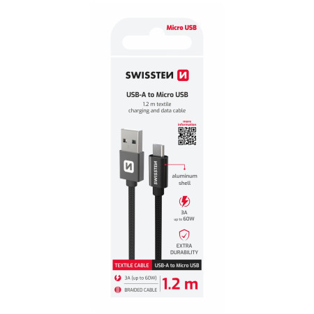 Кабел за зареждане и пренос на данни Swissten Textile USB / Micro USB 1,2 m черен černá