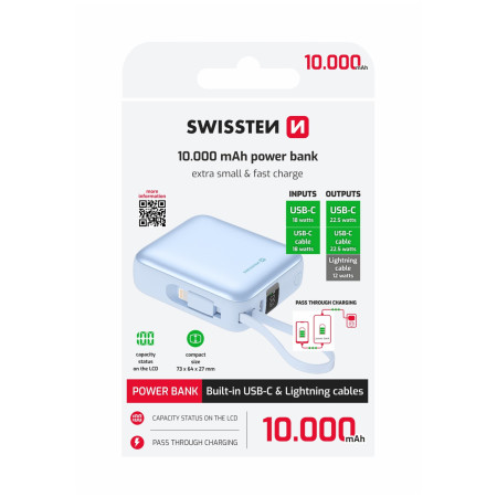 Външно зарядно устройство Swissten Space 10000 mAh USB-C + Lightning син modrá