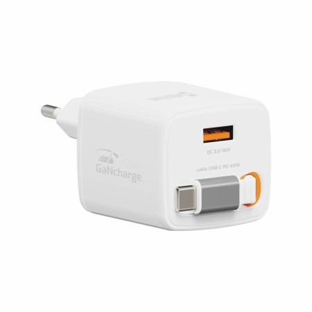 Адаптор Swissten SlideCharge Gan 45W, 1X USB-A 18W + kabel USB-C 0,75 m бял bílá