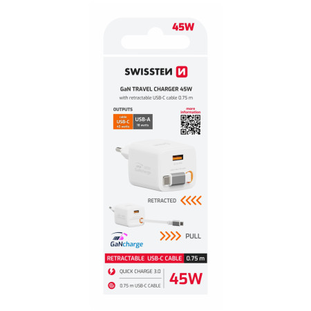 Адаптор Swissten SlideCharge Gan 45W, 1X USB-A 18W + kabel USB-C 0,75 m