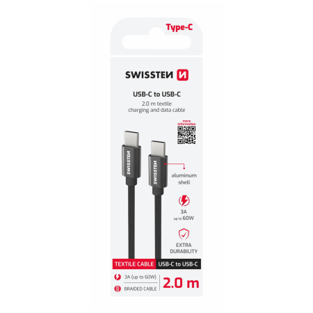 Кабел за зареждане и пренос на данни Swissten Textile USB-C / USB-C 2 m черен černá