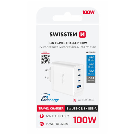 Адаптор Swissten GaN 2X USB-C 100W + 1X USB-C 20W + 1X USB-A 30W