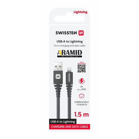 Кабел за зареждане и пренос на данни Swissten Aramid Reinforced USB/Lightning 1,5 m