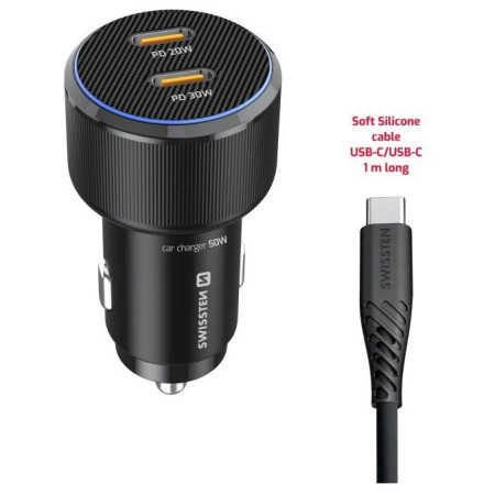 Адаптор Swissten Car Charger 2X USB-C PD, 50W + cabel USB-C / USB-C, 1 m
