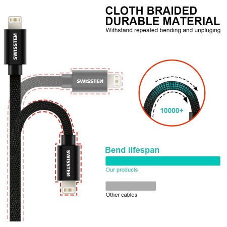 Кабел за зареждане и пренос на данни Swissten Textile USB / Lightning 3 m