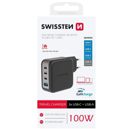 Адаптор Swissten GaN Travel Charger 100W 3X USB-C PD + USB-A