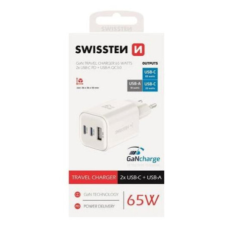 Адаптор Swissten GaN Travel Charger 2X USB -C + USB-A