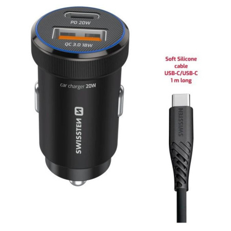Адаптор Swissten Mini Car Charger USB-C PD + USB-A, 20W + cabel USB-C / USB-C, 1 m