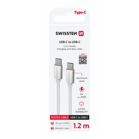 Кабел за зареждане и пренос на данни Swissten Textile USB-C / USB-C 1,2 m сребърен stříbrná