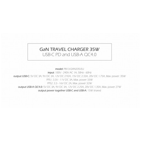 Зарядно устройство Swissten TRAVEL CHARGER GaN 1x USB-C 35W PD + 1x USB-A 27W QC