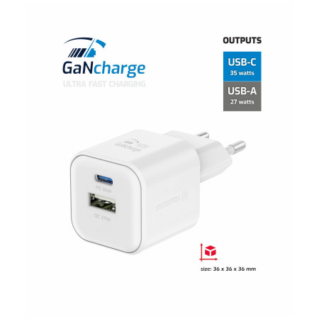 Зарядно устройство Swissten TRAVEL CHARGER GaN 1x USB-C 35W PD + 1x USB-A 27W QC