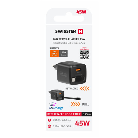 Адаптор Swissten SlideCharge Gan 45W, 1X USB-A 18W + kabel USB-C 0,75 m