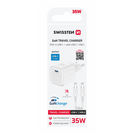 Адаптор Swissten GaN 1X USB-C 35W + кабел за данни USB-C 1,2 м