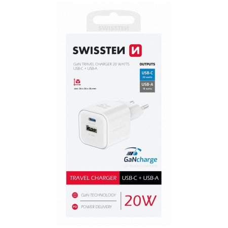Зарядно устройство Swissten TRAVEL CHARGER GaN 1x USB-C 20W PD AND 1x USB-A 18W QC