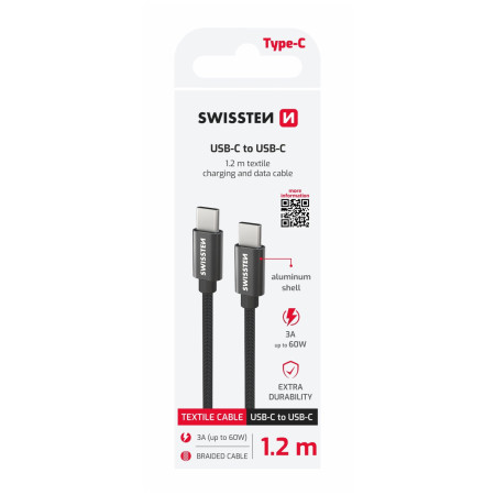 Кабел за зареждане и пренос на данни Swissten Textile USB-C / USB-C 1,2 m черен černá