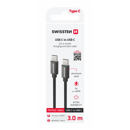 Кабел за зареждане и пренос на данни Swissten Textile USB-C / USB-C 3 m черен černá