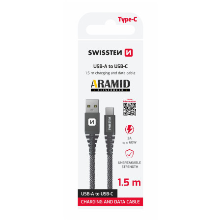 Кабел за зареждане и пренос на данни Swissten Aramid Reinforced USB/USB-C 1,5 m
