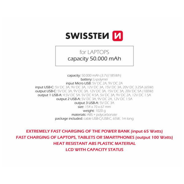 Външно зарядно устройство Swissten Power Line 50000 mAh 100W